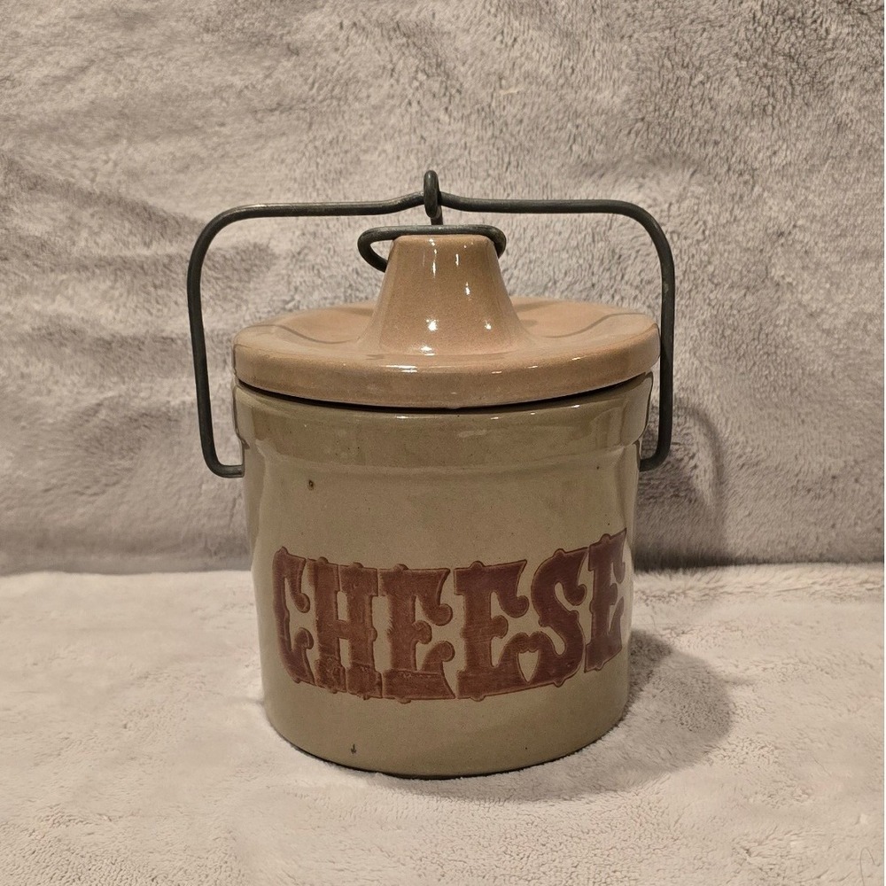 Vintage Stoneware Cheese Crock with Metal Bale Handle Tan Glazed Pottery Lid 5.5